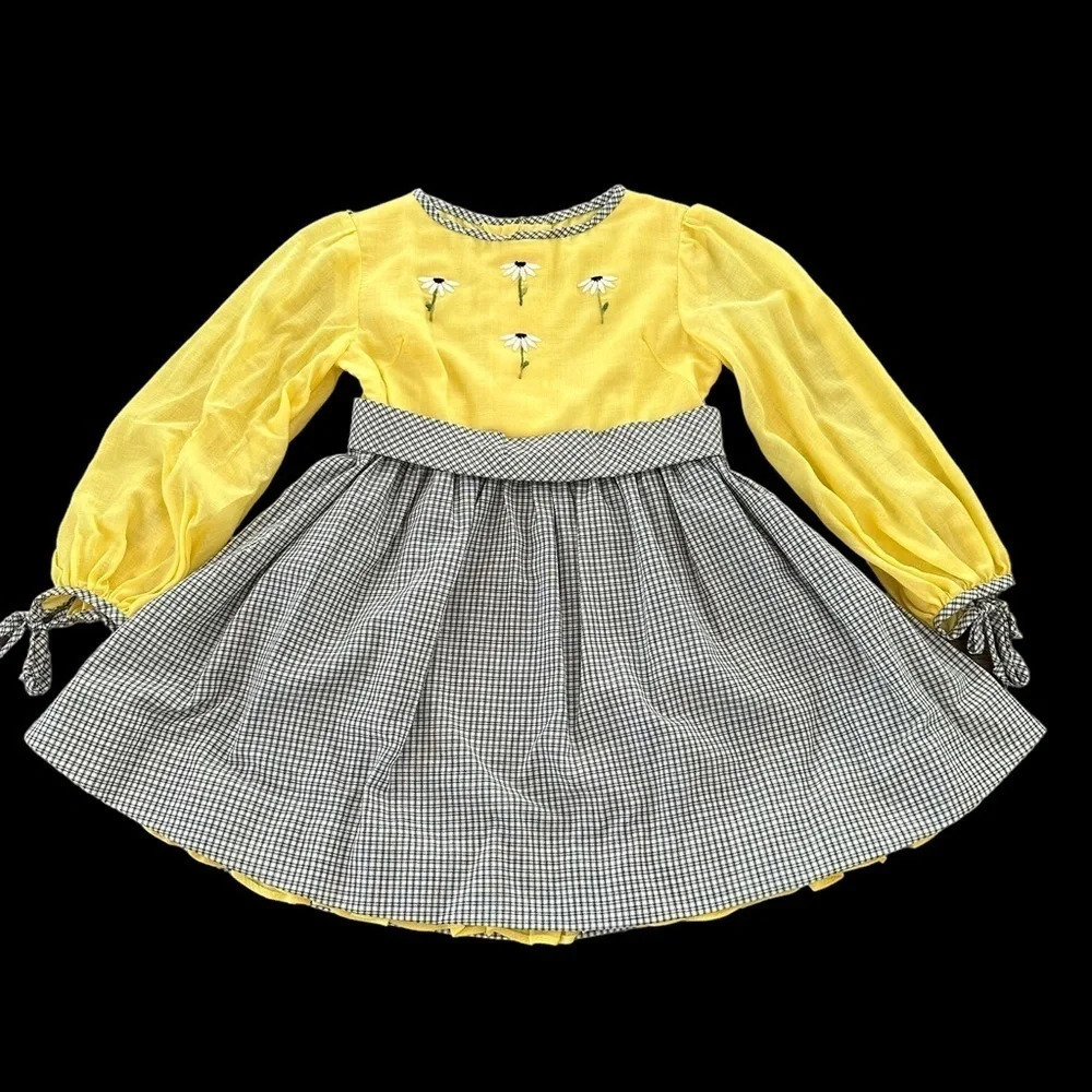 Vintage Ruth of Carolina Girls 6X Yellow Daisy Embroidered Plaid‎ Dress USA Made